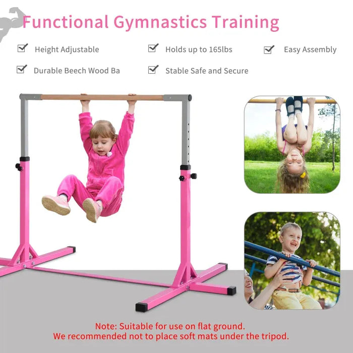 Adjustable Kids Gymnastics Horizontal Training Bar with Steel Frame Wooden Bar in Pink - Little and Giant Explorers HOMCOM