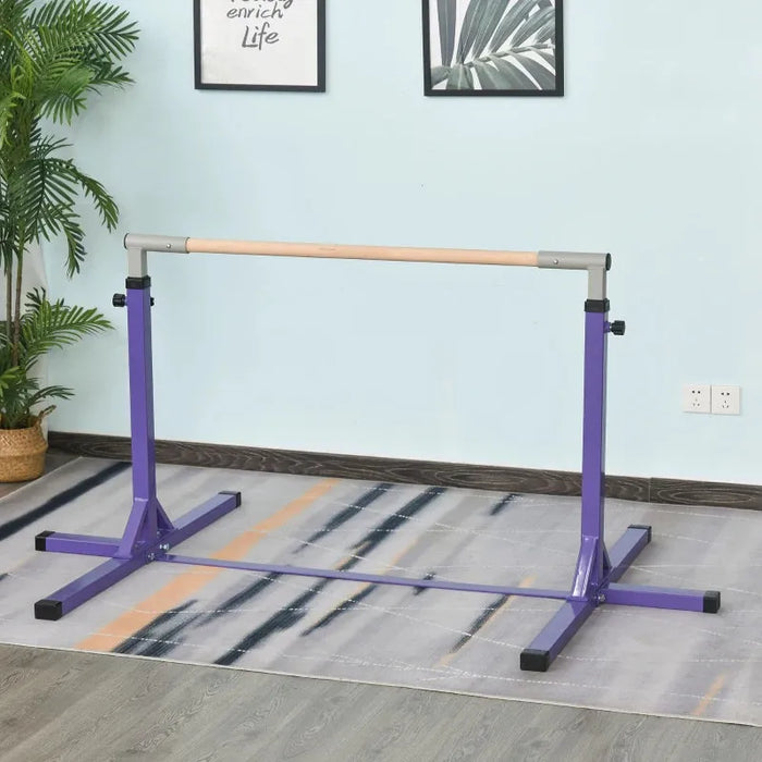 Adjustable Kids Gymnastics Horizontal Training Bar with Steel Frame Wooden Bar in Purple - Little and Giant Explorers HOMCOM