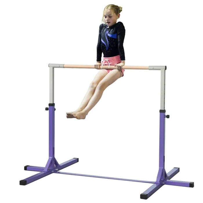 Adjustable Kids Gymnastics Horizontal Training Bar with Steel Frame Wooden Bar in Purple - Little and Giant Explorers HOMCOM