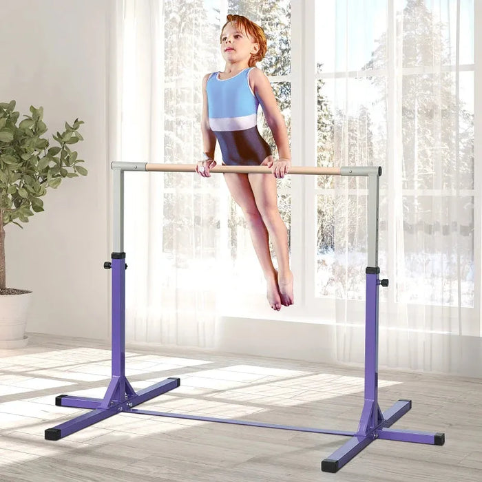 Adjustable Kids Gymnastics Horizontal Training Bar with Steel Frame Wooden Bar in Purple - Little and Giant Explorers HOMCOM