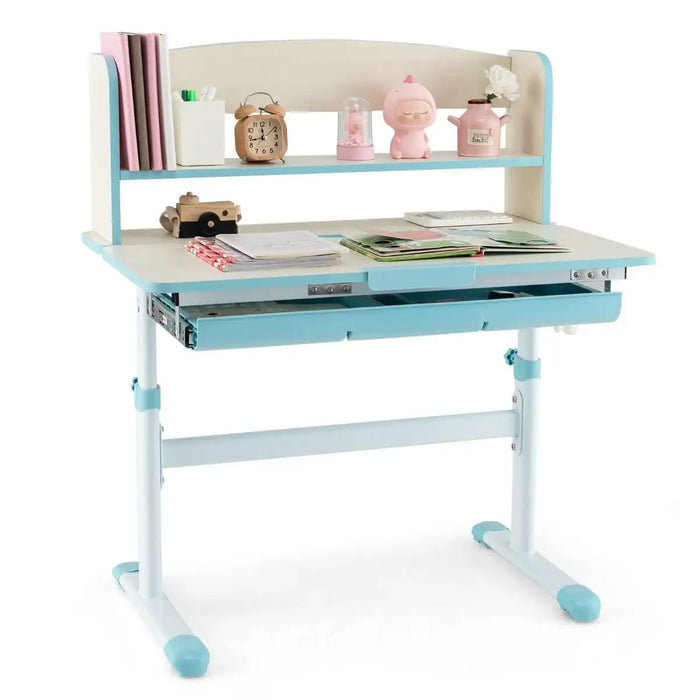 Children's desk with shelves and various items on a white background