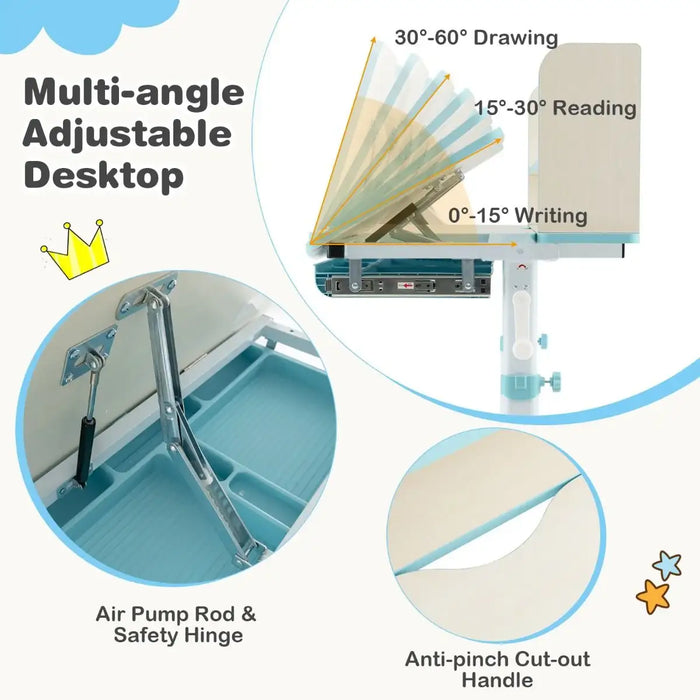Multi-angle adjustable desktop with features highlighted on a white background