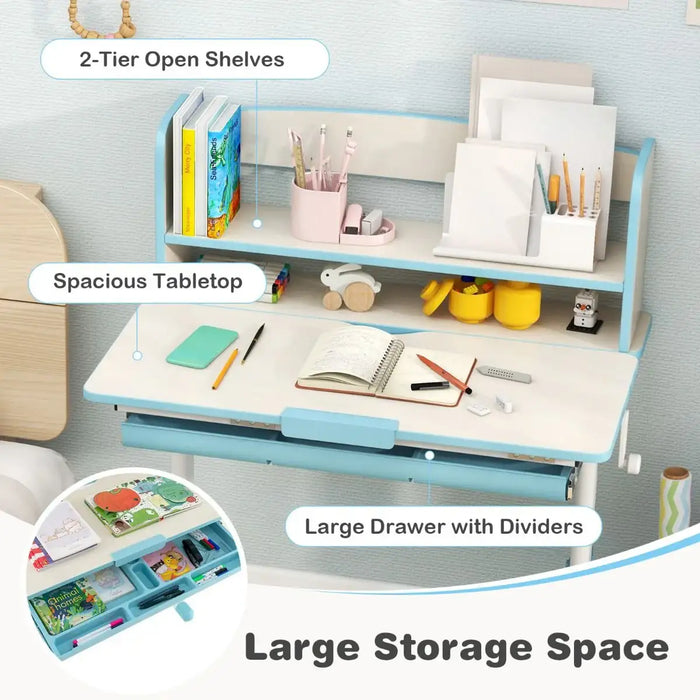 Children's desk with shelves, tabletop, and drawer labeled on a light gray background