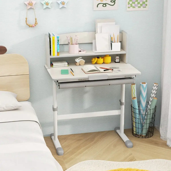 White desk with shelves in a bedroom setting with books, stationery, and decor items.