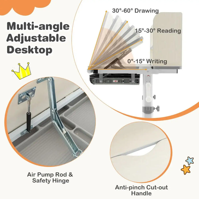 Multi-angle adjustable desktop with features highlighted on a white background