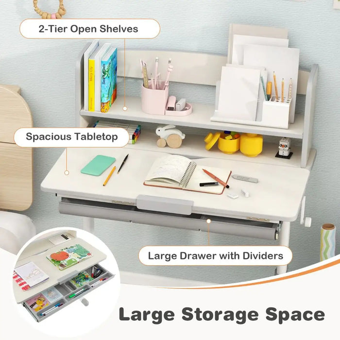 White desk with shelves, tabletop, and drawer labeled with features on a light gray background.