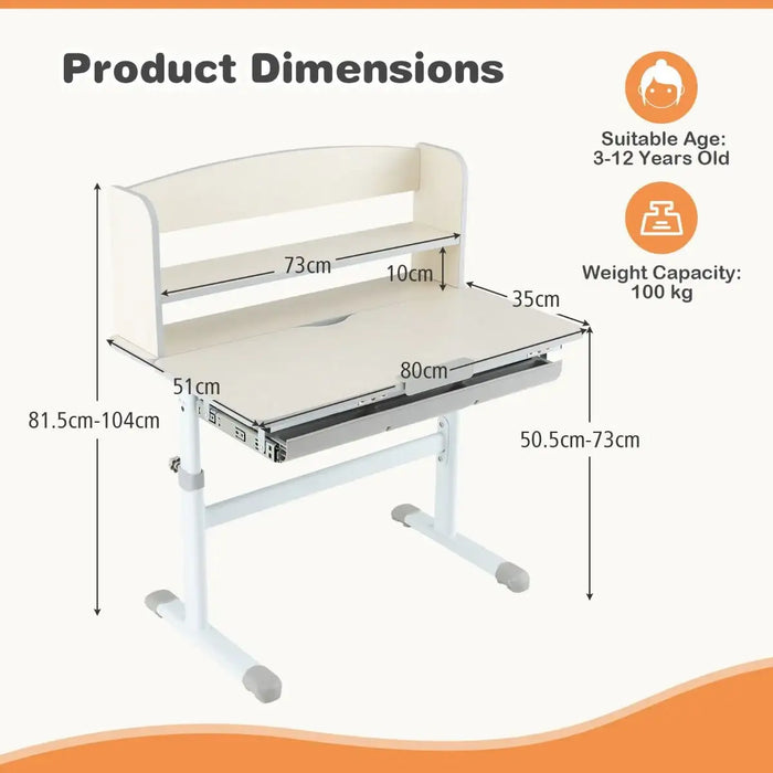 Children's desk with dimensions and suitability information on a white background
