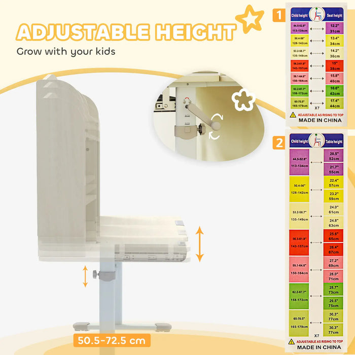 Adjustable height measurement chart for children with visual aids and text on a white background