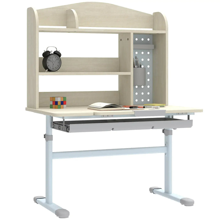 Children's desk with shelves and a computer monitor stand on a white background