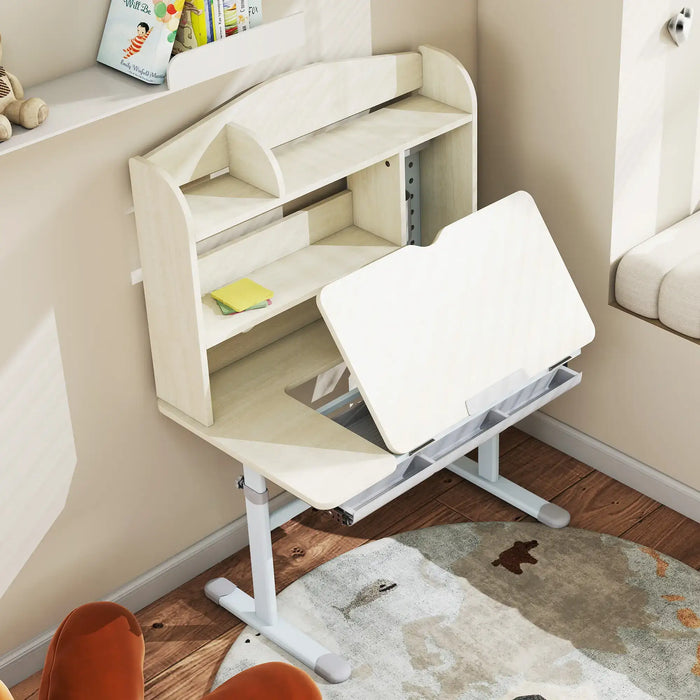 White adjustable desk in a room with a rug and chair.