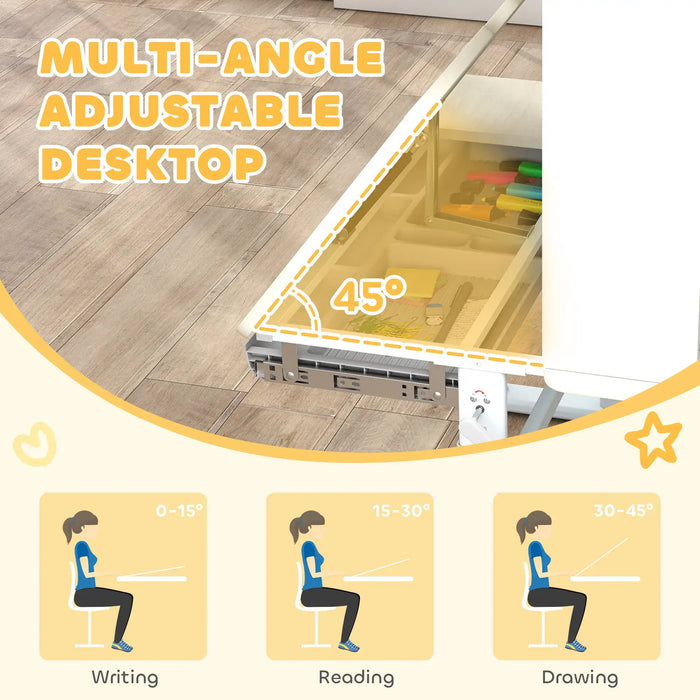 Multi-angle adjustable desktop with user illustrations showing different sitting positions.