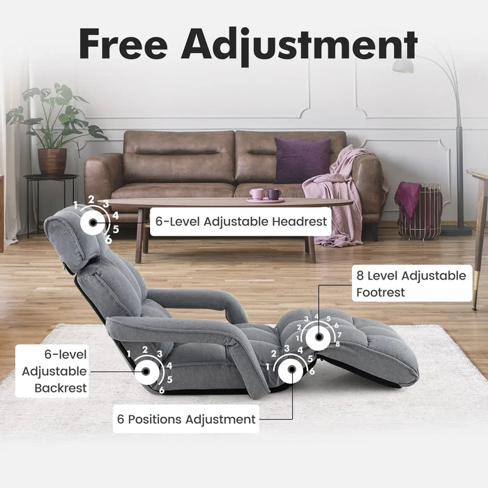 Adjustable Lazy Floor Chair – Grey Recliner Sofa Bed | 6-Position Backrest and Headrest COSTWAY - Little and Giant Explorers Costway