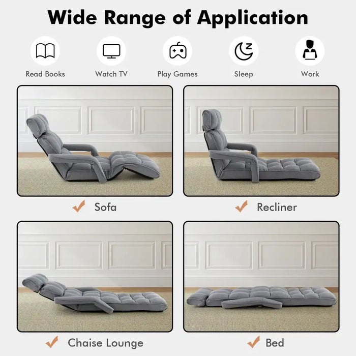 Adjustable Lazy Floor Chair – Grey Recliner Sofa Bed | 6-Position Backrest and Headrest COSTWAY - Little and Giant Explorers Costway