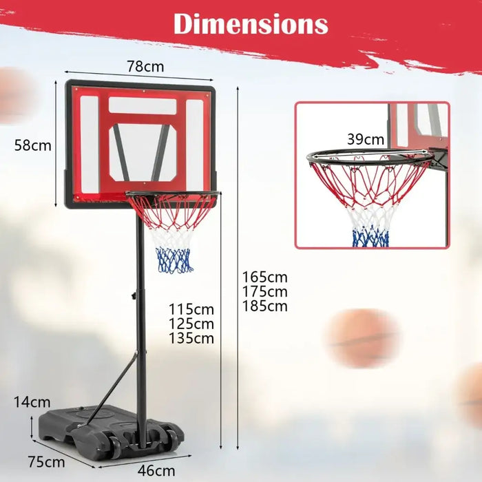 Adjustable Poolside Basketball Hoop 115–135cm - Red | Shatterproof Backboard and Wheels COSTWAY - Little and Giant Explorers Costway