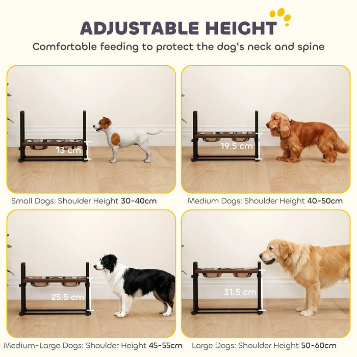 Dog feeding station with adjustable height for different dog sizes on a wooden floor.