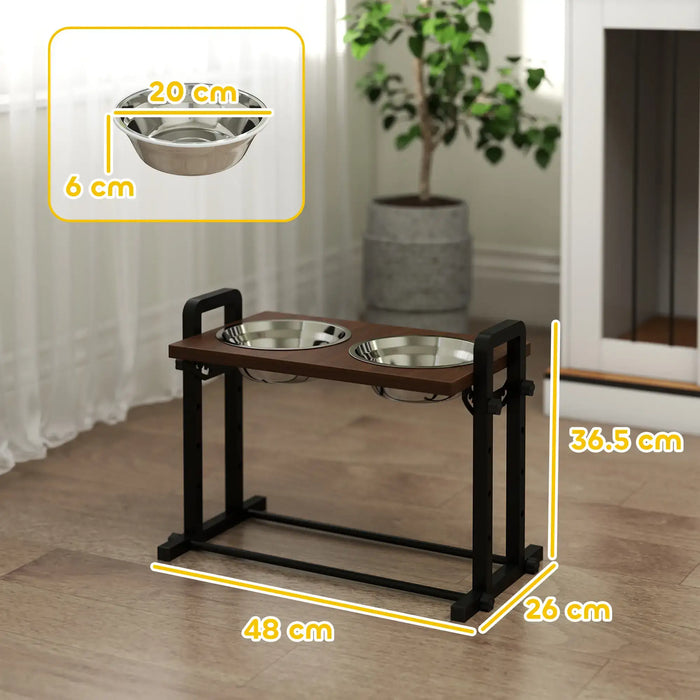Wooden pet feeding station with two bowls on a wooden floor, measurements indicated.