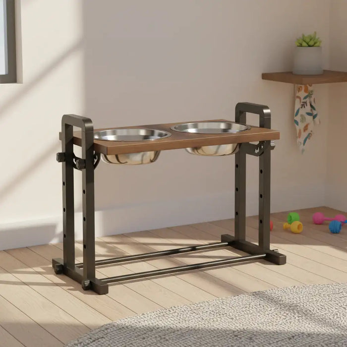 Pet feeding station with two bowls on a wooden platform
