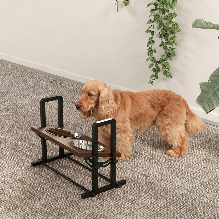 Dog standing next to a elevated pet feeder with bowls on a carpeted floor.