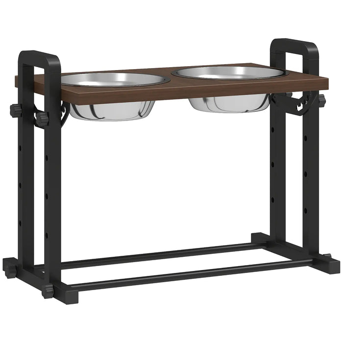 Pet feeding station with two bowls on a wooden platform