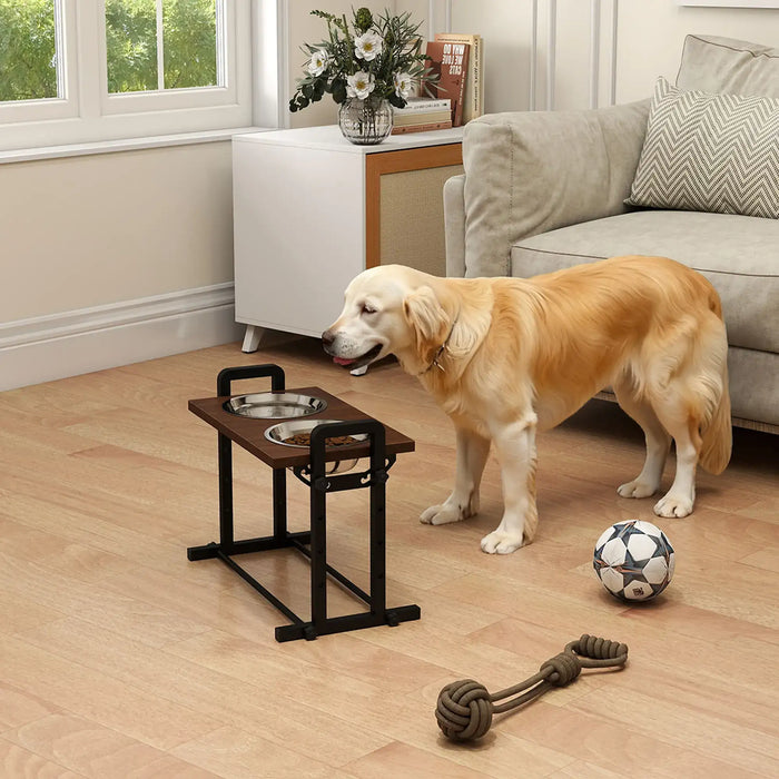 Dog standing next to a elevated pet feeder in a living room.