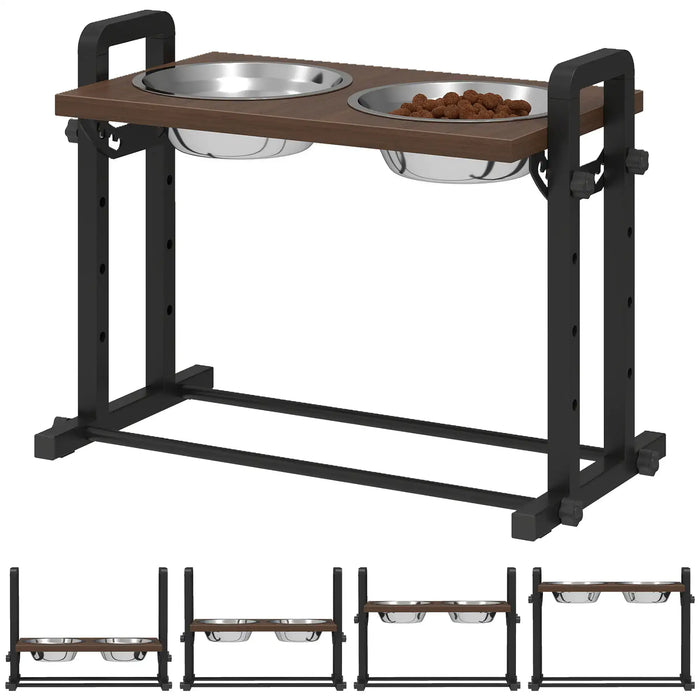 Pet feeding station with elevated bowls on a white background