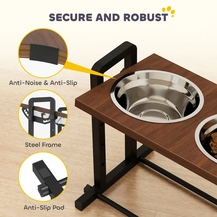 Pet feeding station with stainless steel bowls on a wooden platform, featuring anti-noise, anti-slip, and steel frame components.