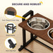 Pet feeding station with stainless steel bowls on a wooden platform, featuring anti-noise, anti-slip, and steel frame components.