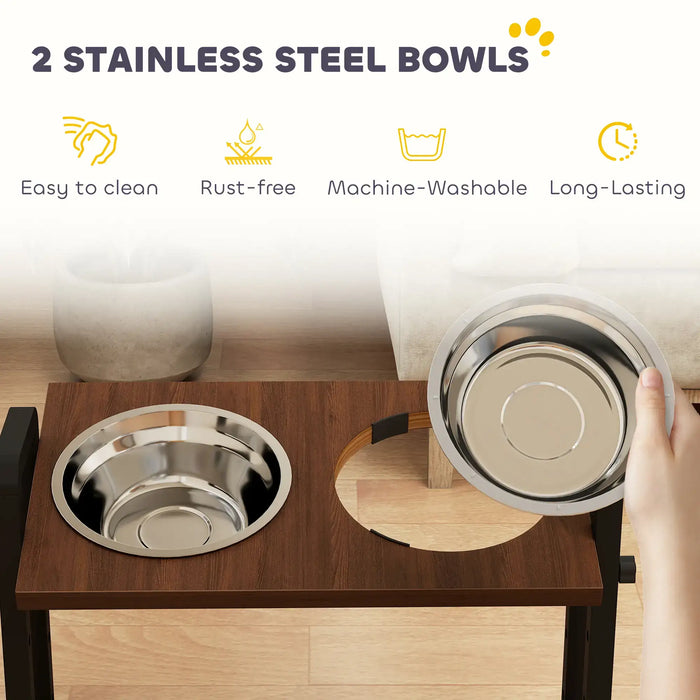 Two stainless steel bowls on a wooden stand with cleaning and feature icons.