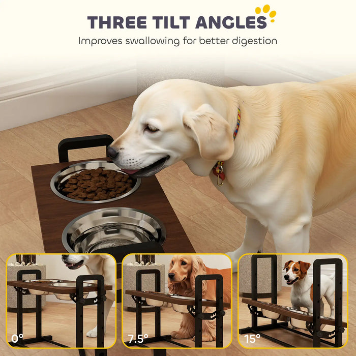 Dog eating from a raised pet feeder with three tilt angle options displayed.