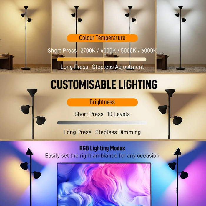 Floor lamp with customizable lighting features including color temperature and brightness.