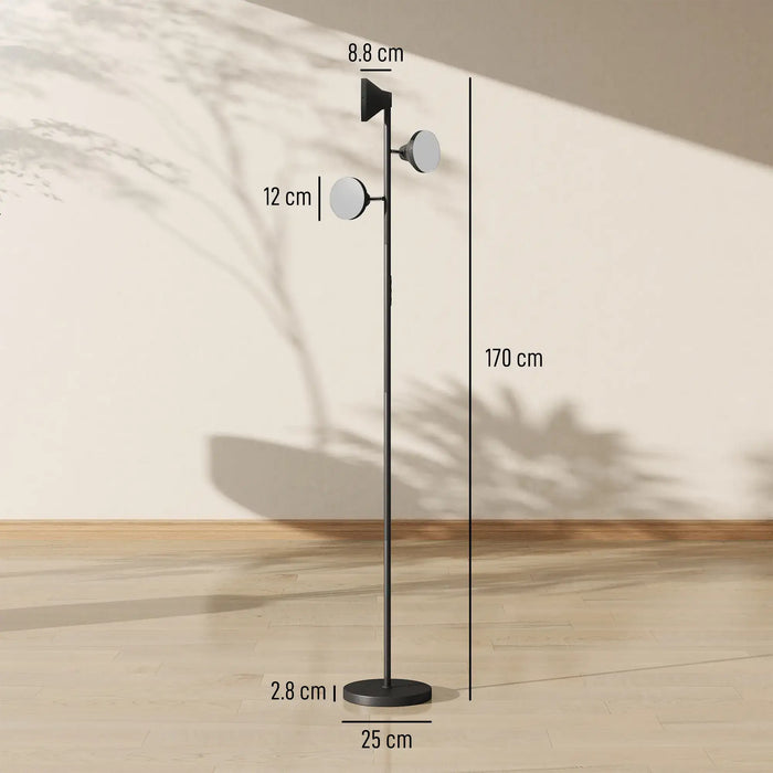 Black floor lamp with measurements on a neutral background