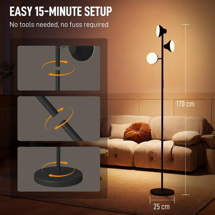 Floor lamp with easy setup instructions and dimensions in a living room setting.