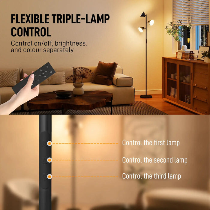 Living room with a floor lamp and remote control, highlighting flexible triple-lamp control feature.