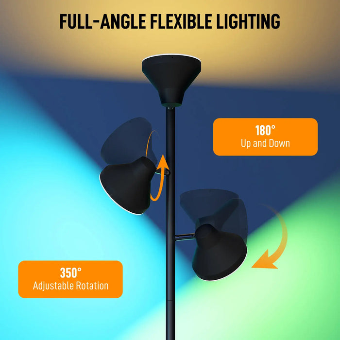 Black flexible lighting fixture with adjustable rotation and up-down movement on a colorful background.