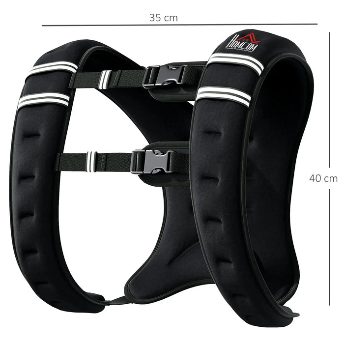 Black dog harness with white stripes and measurement details on a white background