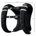 Black dog harness with white stripes and measurement details on a white background