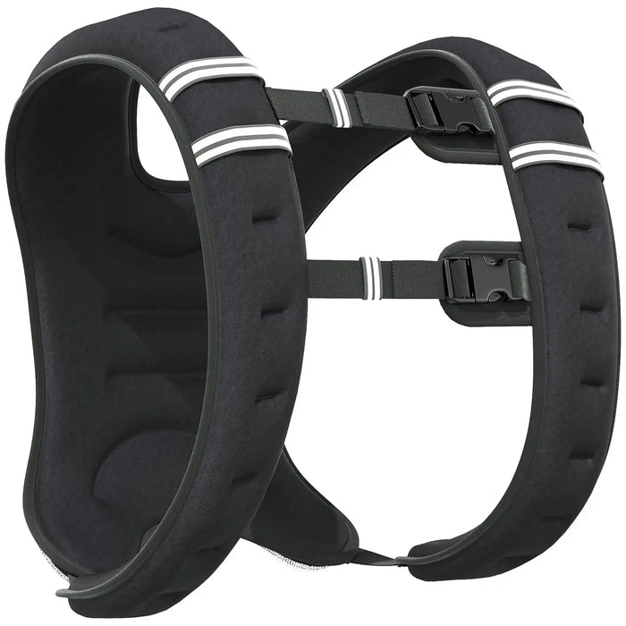 Black dog harness with reflective stripes on a white background