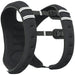 Black dog harness with reflective stripes on a white background