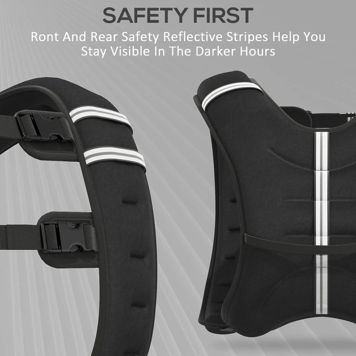 Black safety vest with reflective stripes on a gray background