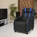 Black recliner chair with blue accents in a living room setting.