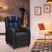 Black armchair with blue accents in a living room setting