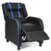 Black and blue adjustable gaming chair with footrest, headrest, and lumbar support