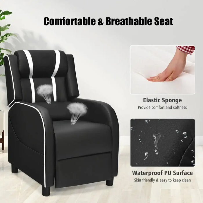 Black recliner chair with text highlighting comfort, breathability, and durability features.