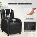 Black recliner chair with text highlighting comfort, breathability, and durability features.
