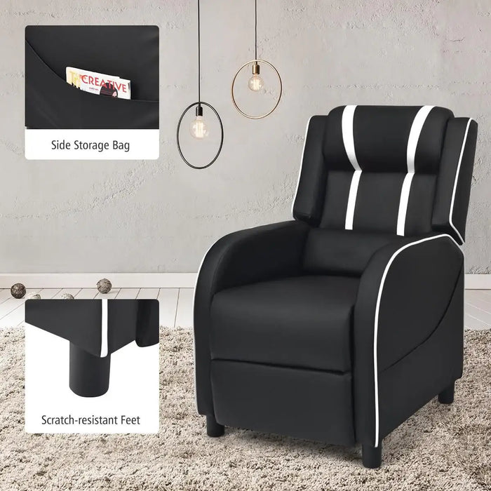 Black recliner chair with white accents on a carpeted floor, featuring a side storage bag and scratch-resistant feet.