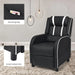 Black recliner chair with white accents on a carpeted floor, featuring a side storage bag and scratch-resistant feet.