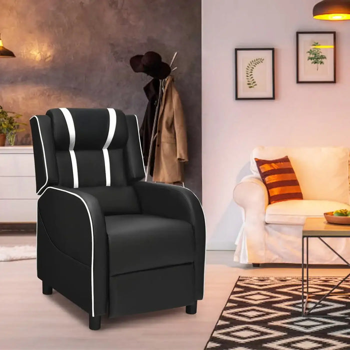 Black armchair with white stripes in a living room setting