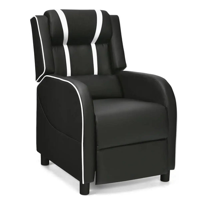 Black recliner chair with white accents on a white background