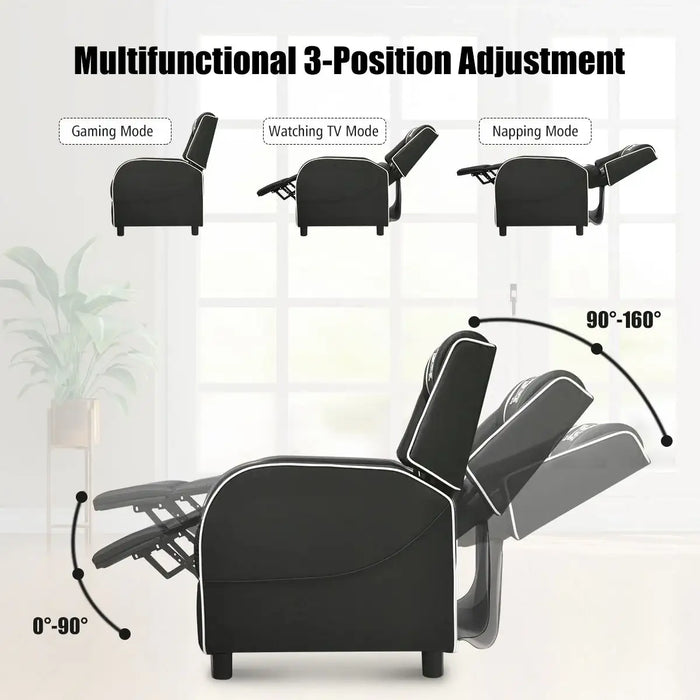 Black recliner chair with adjustable positions on a white background