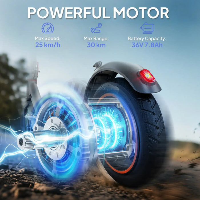 Electric scooter rear wheel highlighting powerful 350W motor, 25 km/h speed, 30 km range, 36V 7.8Ah battery